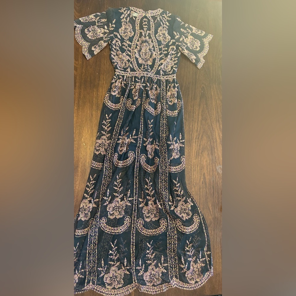 Altar'd State Elegant Navy and Pink Embroidered Maxi Dress - Picture 3 of 11